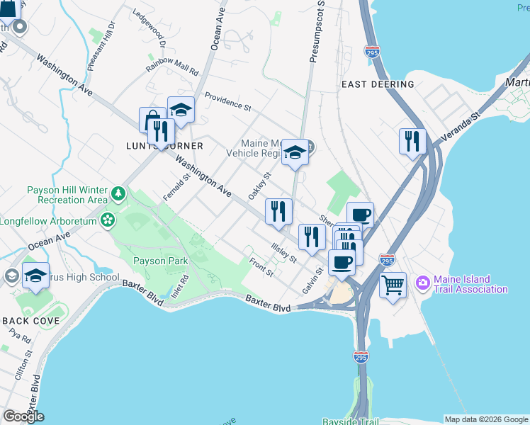 map of restaurants, bars, coffee shops, grocery stores, and more near 656 Washington Avenue in Portland