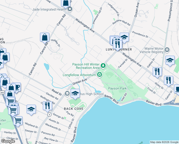 map of restaurants, bars, coffee shops, grocery stores, and more near 18 Rosedale Street in Portland