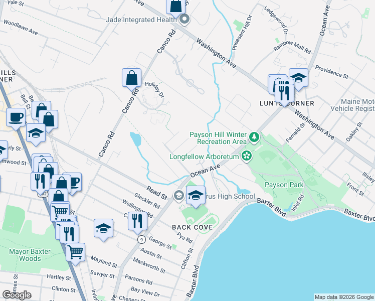 map of restaurants, bars, coffee shops, grocery stores, and more near 29 Hall Street in Portland