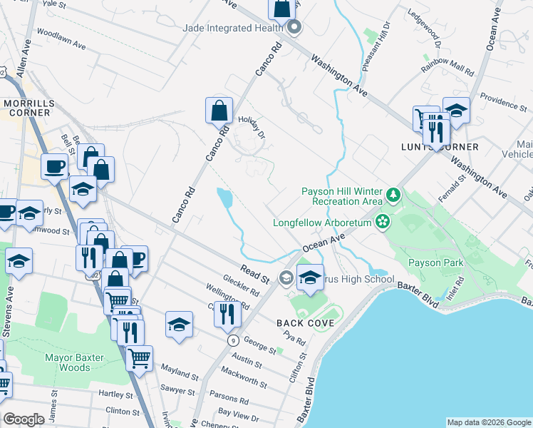 map of restaurants, bars, coffee shops, grocery stores, and more near 75 Torrey Street in Portland