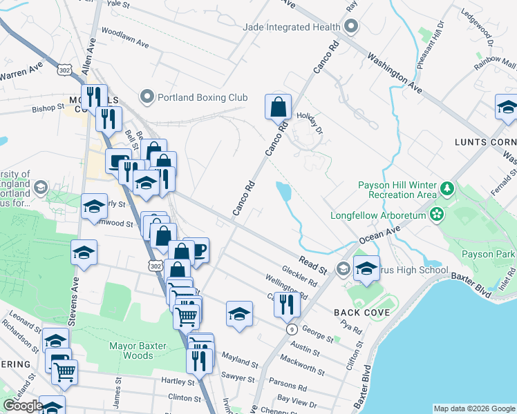 map of restaurants, bars, coffee shops, grocery stores, and more near 29 Glengarden Street in Portland