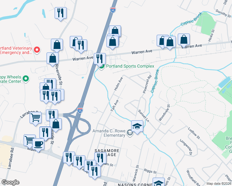 map of restaurants, bars, coffee shops, grocery stores, and more near 35 Robin Street in Portland