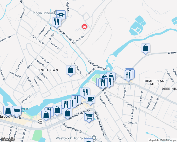 map of restaurants, bars, coffee shops, grocery stores, and more near 22 Brown Street in Westbrook