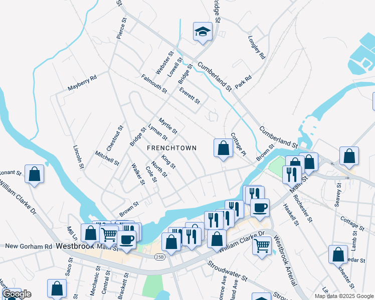 map of restaurants, bars, coffee shops, grocery stores, and more near 55 Lyman Street in Westbrook