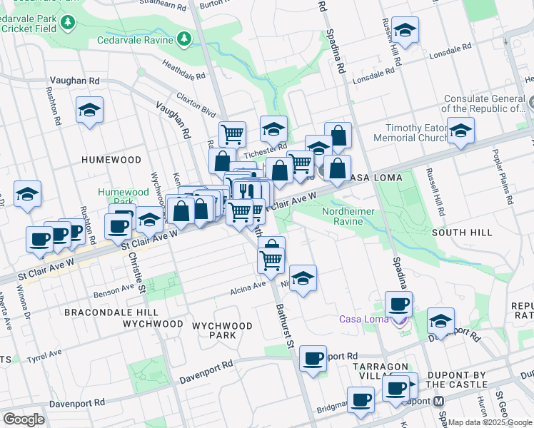 map of restaurants, bars, coffee shops, grocery stores, and more near 1440 Bathurst Street in Toronto