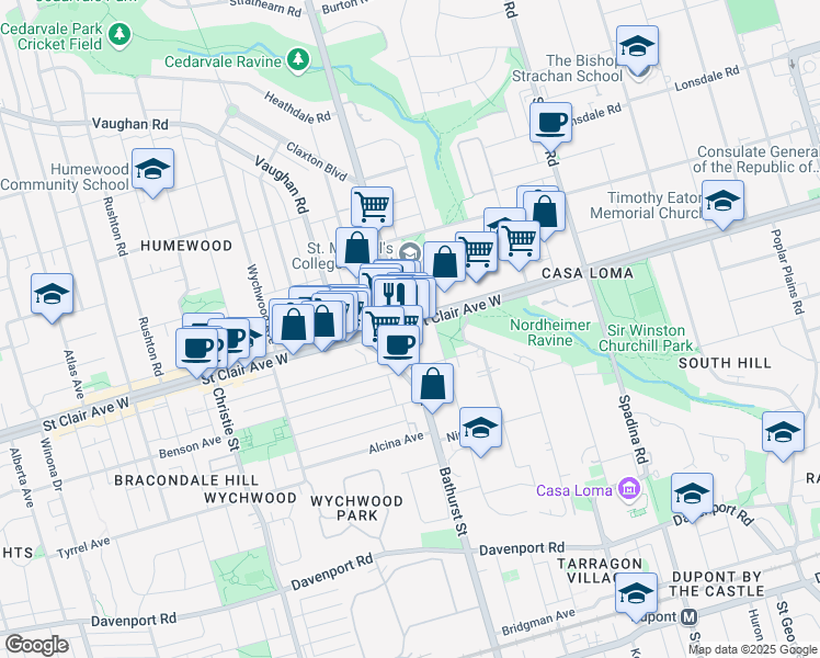 map of restaurants, bars, coffee shops, grocery stores, and more near 1440 Bathurst Street in Toronto