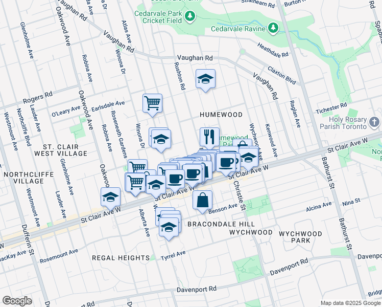 map of restaurants, bars, coffee shops, grocery stores, and more near in Toronto