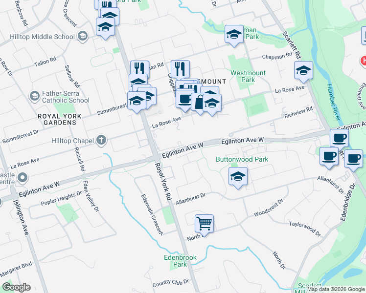 map of restaurants, bars, coffee shops, grocery stores, and more near 4010 Eglinton Avenue West in Toronto