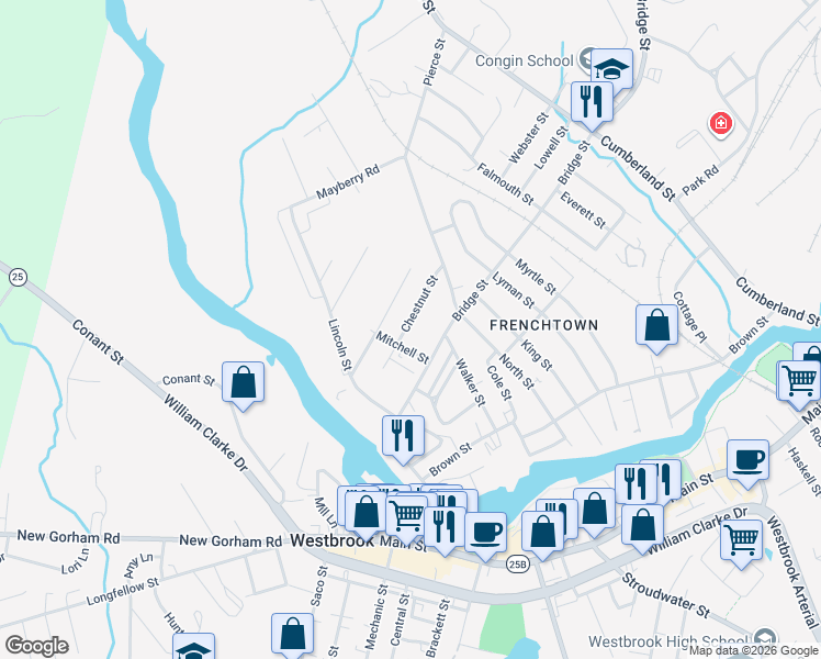 map of restaurants, bars, coffee shops, grocery stores, and more near 50 Chestnut Street in Westbrook