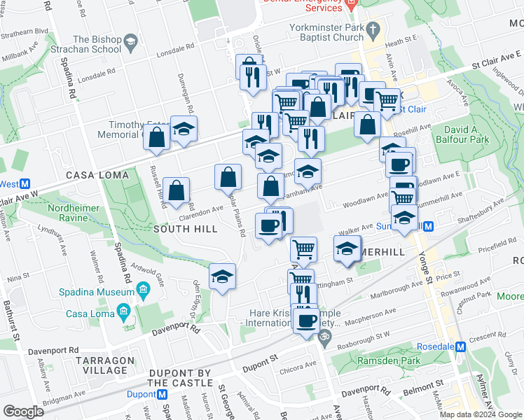 map of restaurants, bars, coffee shops, grocery stores, and more near 5 A Clarendon Avenue in Toronto