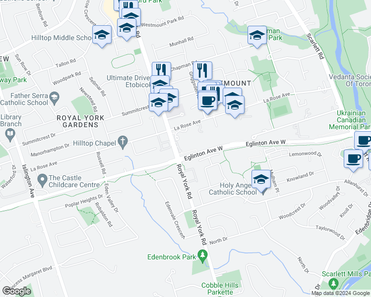 map of restaurants, bars, coffee shops, grocery stores, and more near 1403 Royal York Road in Toronto