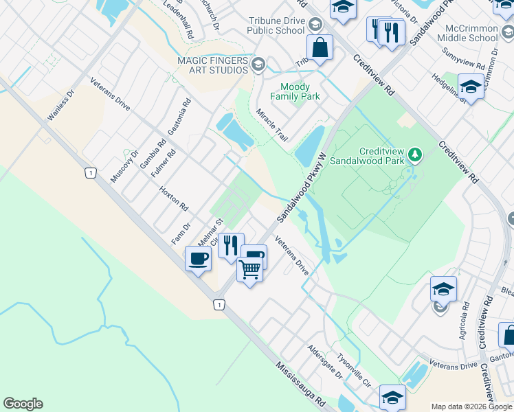 map of restaurants, bars, coffee shops, grocery stores, and more near 225 Veterans Drive in Brampton
