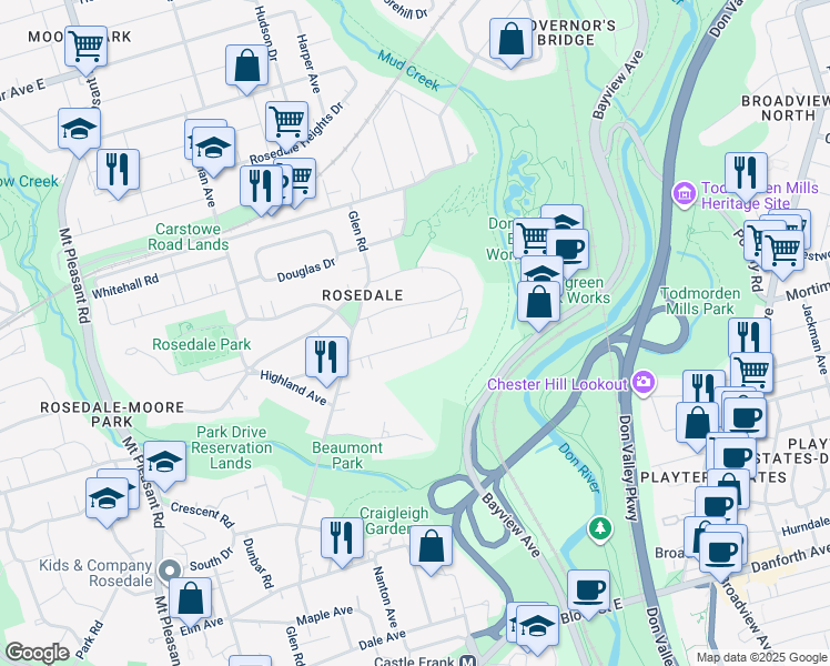 map of restaurants, bars, coffee shops, grocery stores, and more near 76 Binscarth Road in Toronto