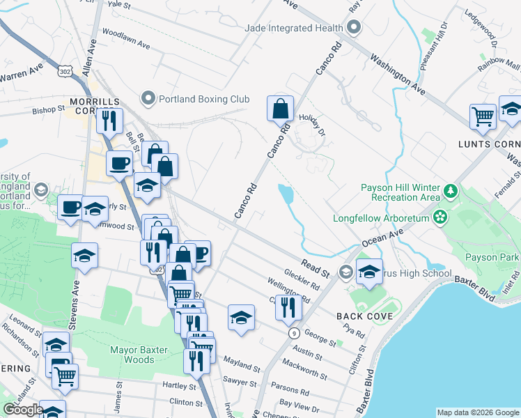 map of restaurants, bars, coffee shops, grocery stores, and more near 29 Glengarden Street in Portland