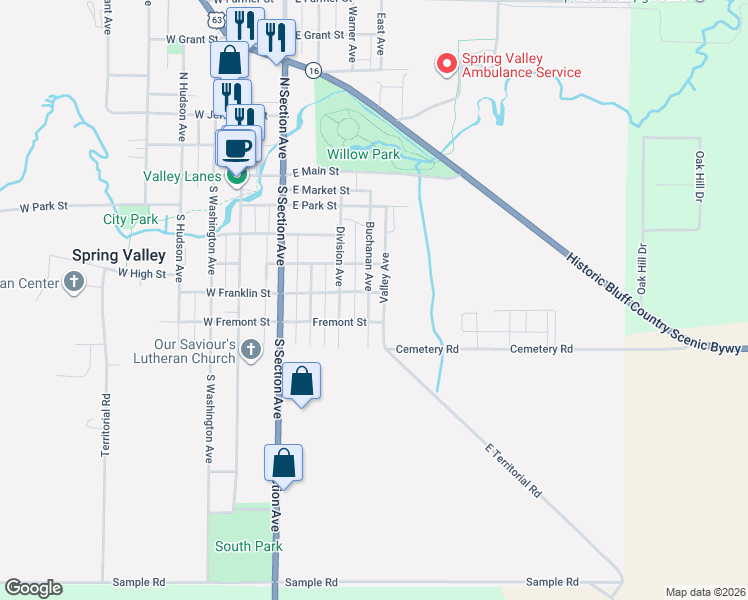 map of restaurants, bars, coffee shops, grocery stores, and more near 601 Buchanan Avenue in Spring Valley
