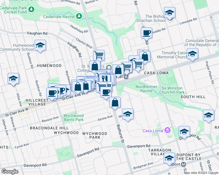 map of restaurants, bars, coffee shops, grocery stores, and more near 150 Hilton Avenue in Toronto