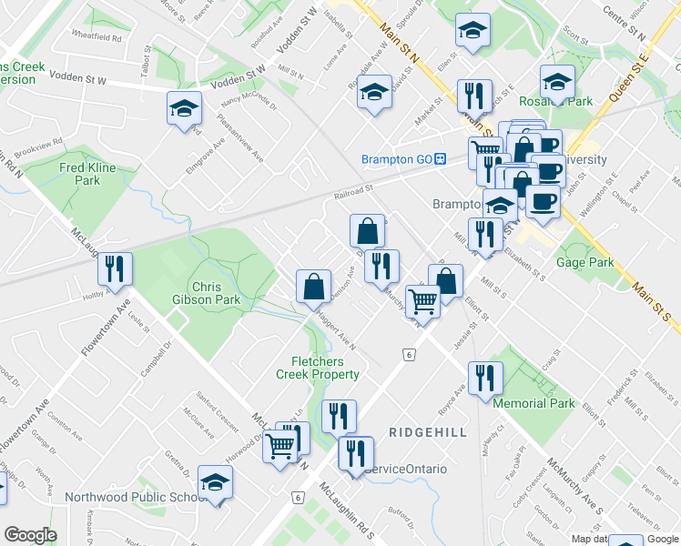 map of restaurants, bars, coffee shops, grocery stores, and more near 10 Sand Wedge Lane in Brampton