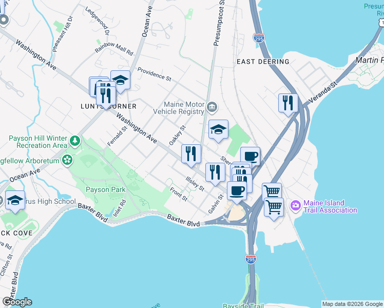 map of restaurants, bars, coffee shops, grocery stores, and more near 12 Savoy Street in Portland