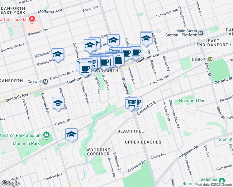 map of restaurants, bars, coffee shops, grocery stores, and more near 102 Merrill Avenue East in Toronto