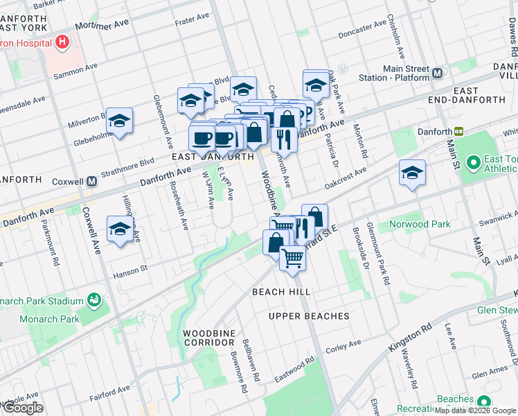 map of restaurants, bars, coffee shops, grocery stores, and more near 113 Merrill Avenue East in Toronto