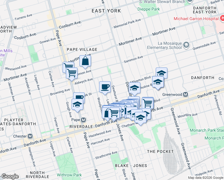 map of restaurants, bars, coffee shops, grocery stores, and more near 104 Dewhurst Boulevard in Toronto