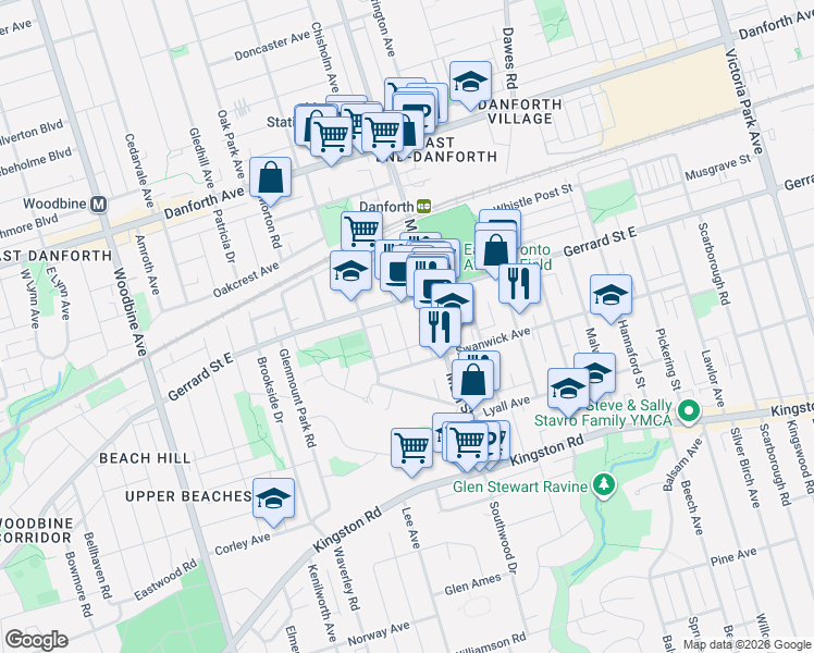 map of restaurants, bars, coffee shops, grocery stores, and more near in Toronto