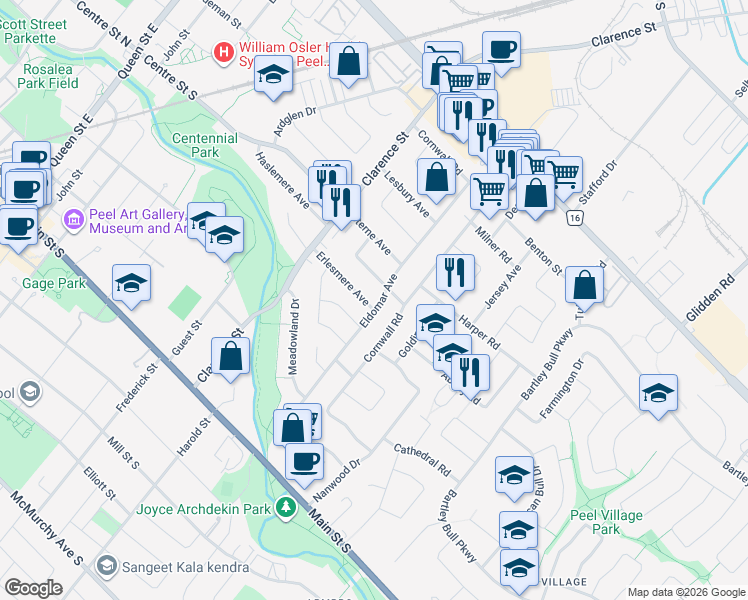 map of restaurants, bars, coffee shops, grocery stores, and more near 76 Eldomar Avenue in Brampton