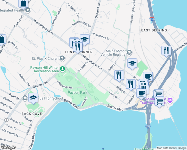 map of restaurants, bars, coffee shops, grocery stores, and more near 16 Hanson Street in Portland
