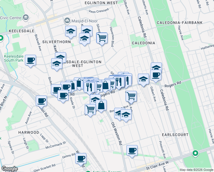 map of restaurants, bars, coffee shops, grocery stores, and more near 238 Chambers Avenue in Toronto