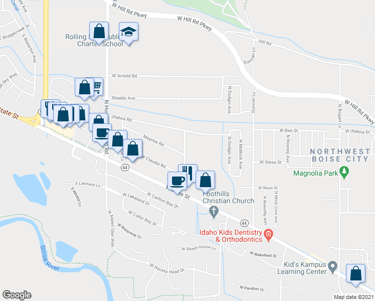 map of restaurants, bars, coffee shops, grocery stores, and more near 7534 Gardener Lane in Boise