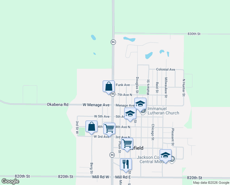 map of restaurants, bars, coffee shops, grocery stores, and more near 107 7th Avenue North in Lakefield