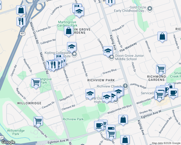 map of restaurants, bars, coffee shops, grocery stores, and more near in Toronto