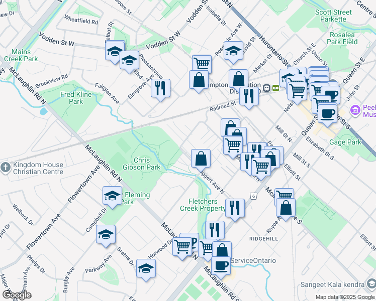 map of restaurants, bars, coffee shops, grocery stores, and more near 125 Railroad Street in Brampton