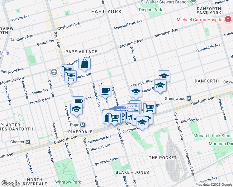 map of restaurants, bars, coffee shops, grocery stores, and more near 105 Dewhurst Boulevard in Toronto
