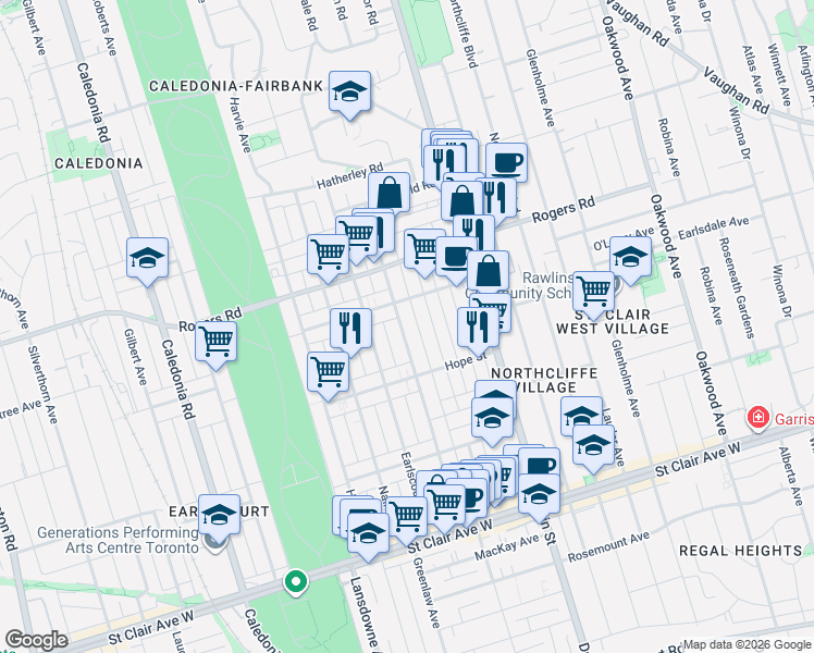 map of restaurants, bars, coffee shops, grocery stores, and more near in Toronto