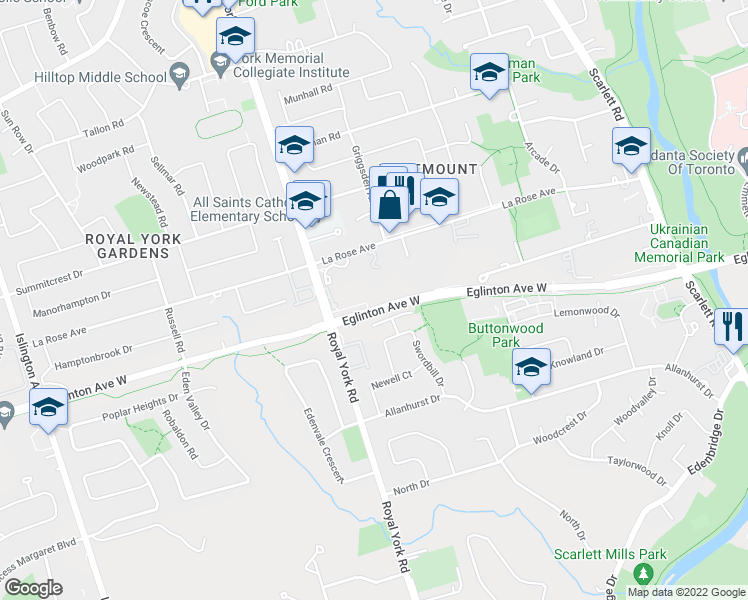 map of restaurants, bars, coffee shops, grocery stores, and more near 4000 Eglinton Avenue West in Toronto