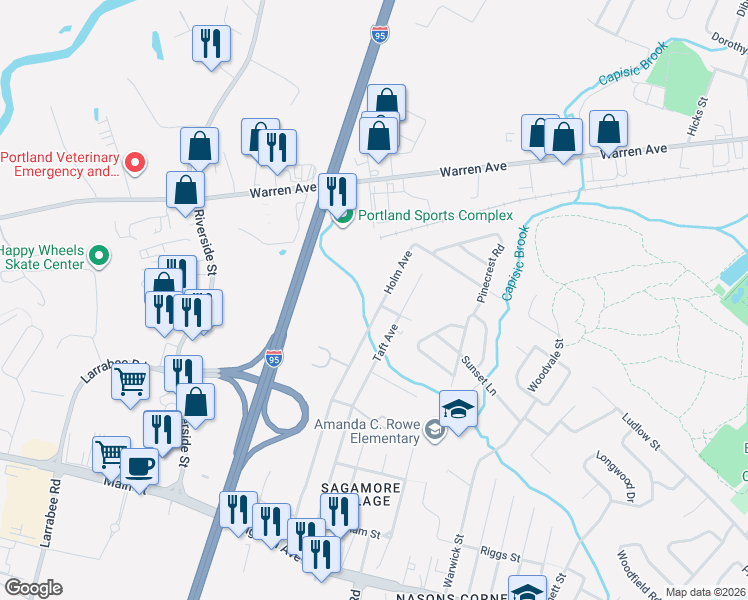map of restaurants, bars, coffee shops, grocery stores, and more near 35 Robin Street in Portland
