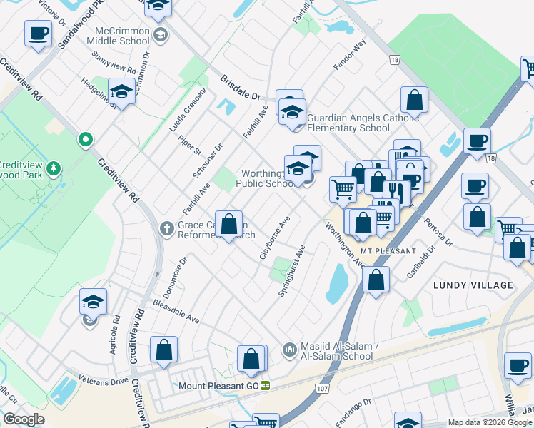 map of restaurants, bars, coffee shops, grocery stores, and more near 12 White Road in Brampton