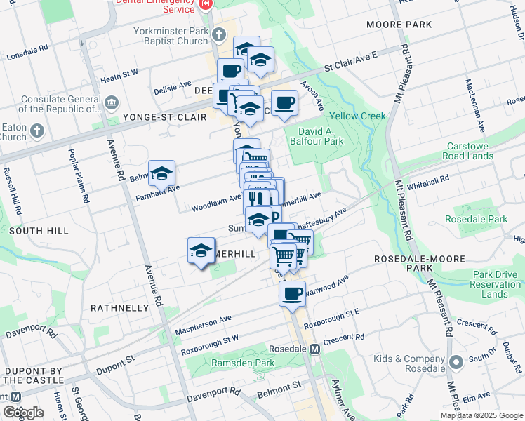 map of restaurants, bars, coffee shops, grocery stores, and more near Yonge St & Summerhill Ave in Toronto