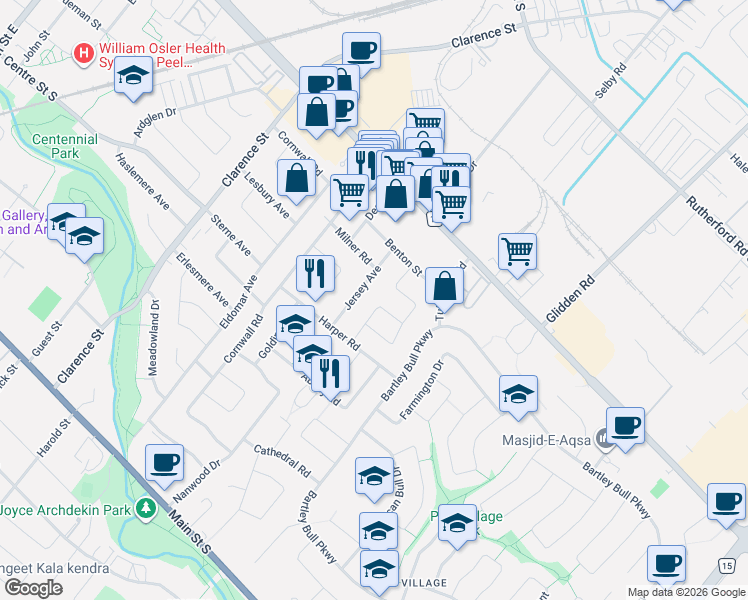 map of restaurants, bars, coffee shops, grocery stores, and more near 18 Chesterfield Road in Brampton