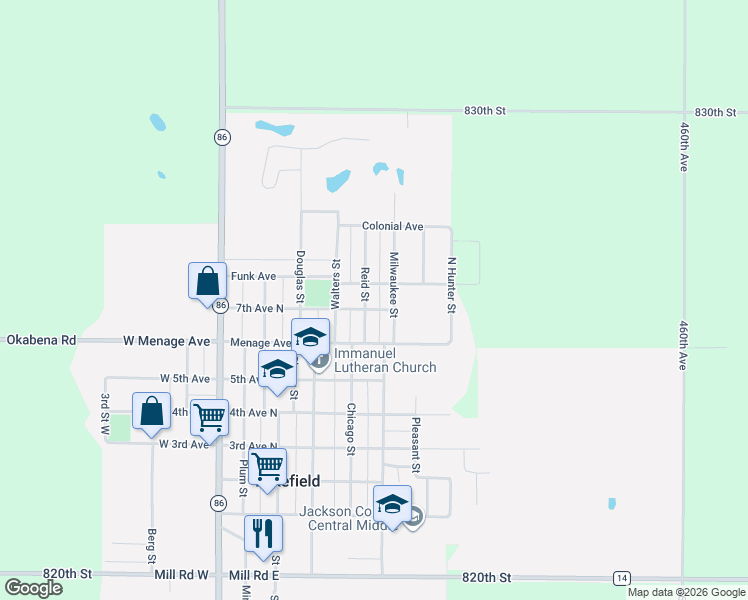 map of restaurants, bars, coffee shops, grocery stores, and more near 801 Milwaukee Street in Lakefield