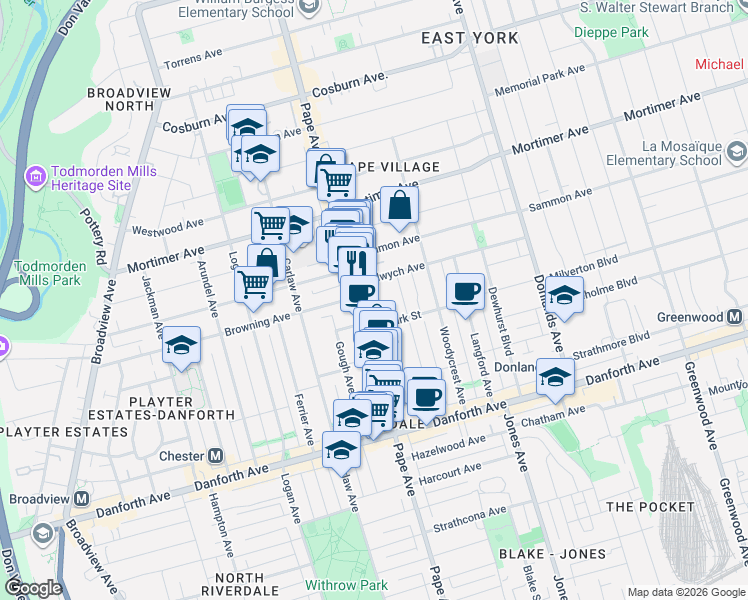 map of restaurants, bars, coffee shops, grocery stores, and more near 82 Muriel Avenue in Toronto