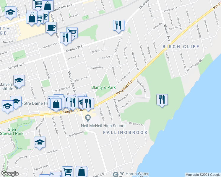 map of restaurants, bars, coffee shops, grocery stores, and more near 180 Fallingbrook Road in Toronto