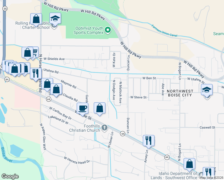 map of restaurants, bars, coffee shops, grocery stores, and more near 7563 North Dodgin Avenue in Boise