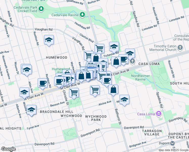 map of restaurants, bars, coffee shops, grocery stores, and more near 540 Saint Clair Avenue West in Toronto