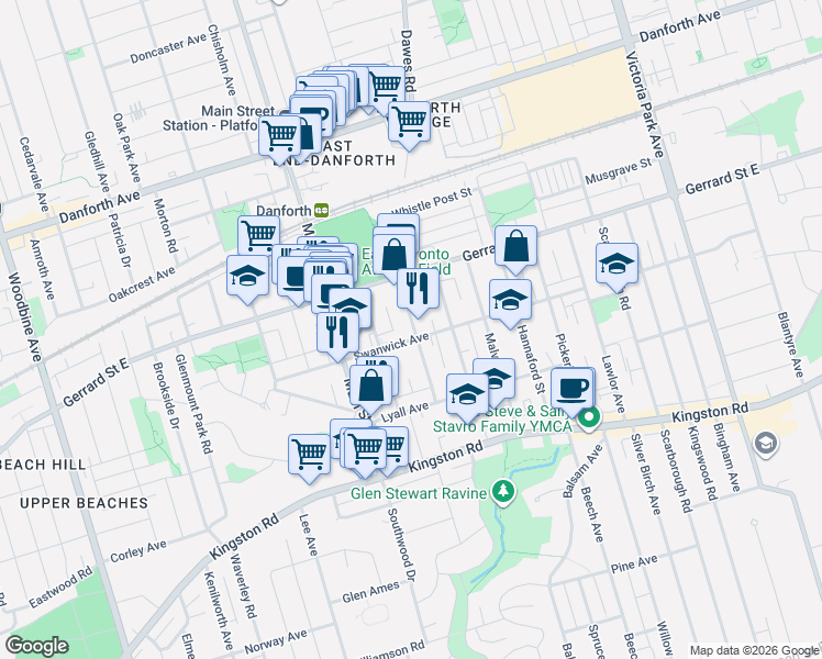 map of restaurants, bars, coffee shops, grocery stores, and more near 56 Osborne Avenue in Toronto