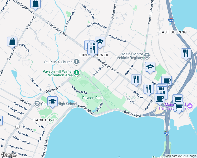 map of restaurants, bars, coffee shops, grocery stores, and more near 51 Access Road in Portland