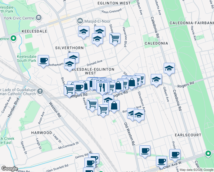 map of restaurants, bars, coffee shops, grocery stores, and more near 85 Kersdale Avenue in Toronto