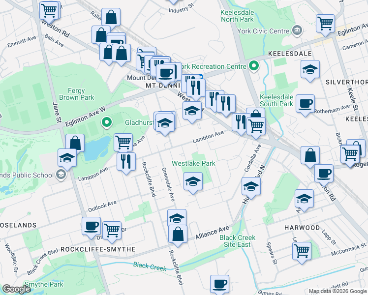 map of restaurants, bars, coffee shops, grocery stores, and more near 83 Lambton Avenue in Toronto