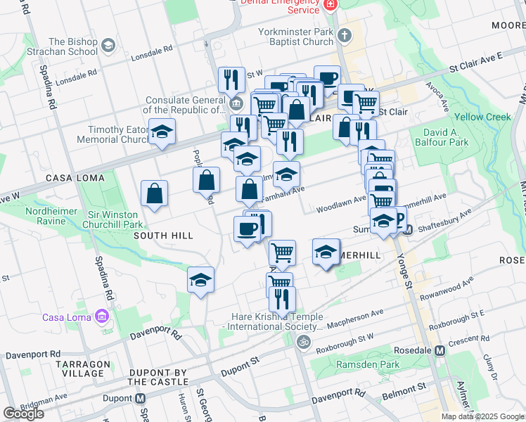 map of restaurants, bars, coffee shops, grocery stores, and more near in Toronto